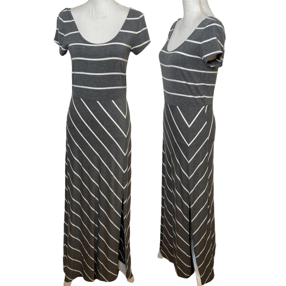 Tommy Bahama Dress Maxi Jersey Stretch Knit Mixed Stripe Short Sleeve Gray Small